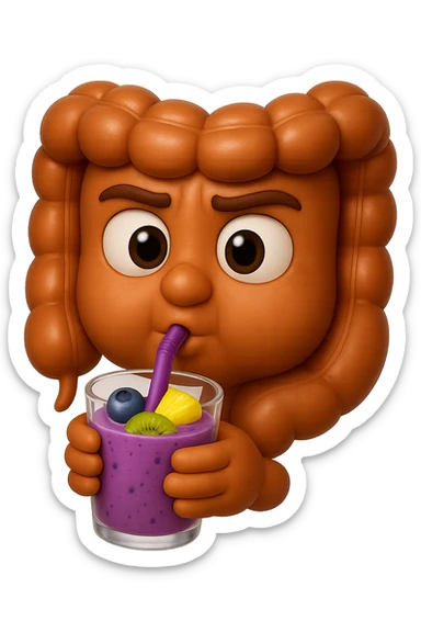 EMOJI STILE IPHONE DI un intestino umano anatomico che beve un frullato di mirtilli, ananas, kiwi, fagli anche la parte bianca degli occhi, non solo le pupille, REALISTICo 4K sticker