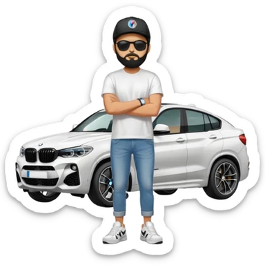 A man with black hair and beard standing next to his silver grey BMW X4 M competition. He has his arms crossed and he is wearing plain tshirt, jeans and sneakers, and sunglasses and a black baseball cap on sticker