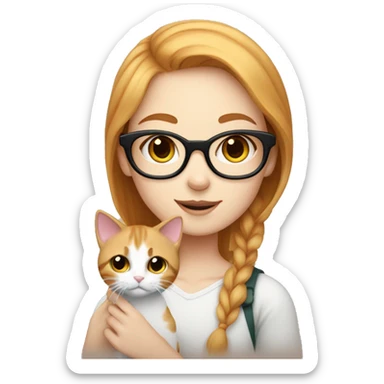White skin, short strawberry-blonde haired girl with glasses holding calico cat sticker