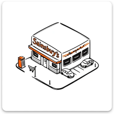 Isometric British Sainsbury's supermarket building with orange signage, car park, shopping trolley bay, and red telephone box nearby sticker