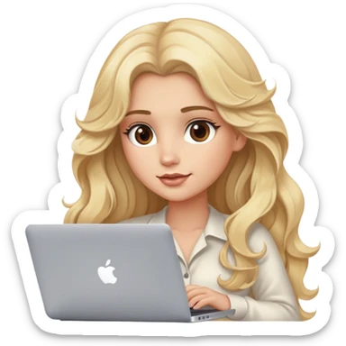 Blonde model with brown eyes, long wavy hair, typing on MacBook  sticker