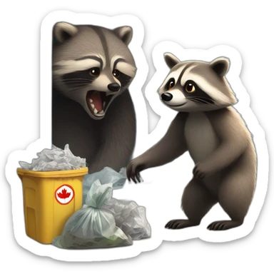 A Canadian raccoon rummages through the trash, and a bear stands next to it, looking judgmental. sticker
