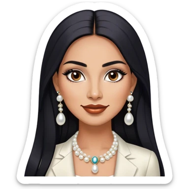 beautiful fit tall woman boss, with long straight black hair, with make up, black eye liner, smile mooth close, mexican, brown skin, wearing beautiful couture outfit and white pearl earings sticker