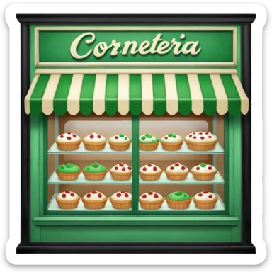 The image shows the front window of a bakery named "Cornetteria". The window is framed by a green wooden frame and has a sign above it that reads "CORNETTERIA".  sticker