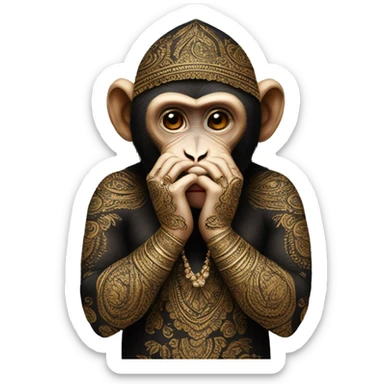 monkey covering its face with its hands - it should also be wearing a black headscarf and black clothing on arms and its hands should have mehndi on them sticker