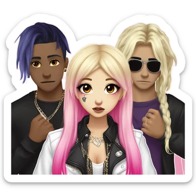 blonde and pink hair pale hime gyaru girl, hot pink and yellow split-dyed hair, nose ring, elf ears, dark makeup, punk clothes standing next to three diffrent men praying  sticker