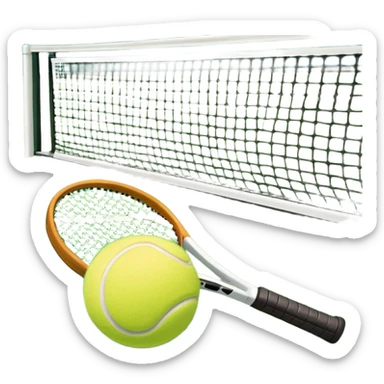 A tennis racket and a ball placed on the ground, with a tennis court in the background. The court lines and net are visible, emphasizing the structure and focus of the sport, creating a dynamic and energetic vibe. sticker