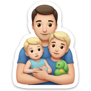 The father stands under the soft sunlight, his strong arms holding his child close to his chest, his gentle face glowing with a warm smile. sticker