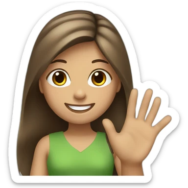 Girl with brown, long and straight hair smiling kindly and waving with the left hand, wearing a green dress sticker