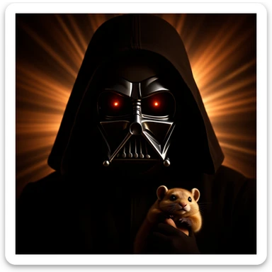 Cinematic still, Extreme Closeup Photo of a darth vader holding big hamster, low key light, explosion startship background with leading lines, back light, spot light sticker