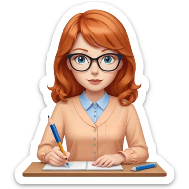redheaded woman with long wavy hair and bangs, blue eyes, cat-eye glasses, wearing a pencil skirt and apricot blouse, holding a pencil sticker