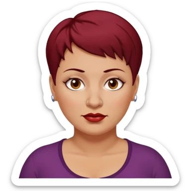 femme 40 ans, cheveux très court rouge foncé piercing sur le nez yeux marrons, surpoids sticker