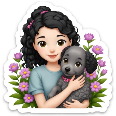 A beautiful girl with black ponytail and wearing short sleeves happily hugs a gray curly dog ​​in the flowers sticker