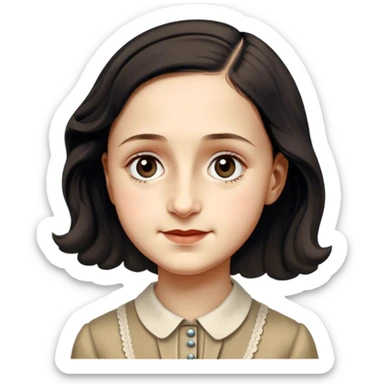 Anne Frank – Cinematic Realistic Portrait of Anne Frank, depicted with a reflective, gentle expression in period clothing, her eyes conveying hope and resilience, rendered with soft, natural lighting and delicate textures that capture the poignancy of her legacy. sticker