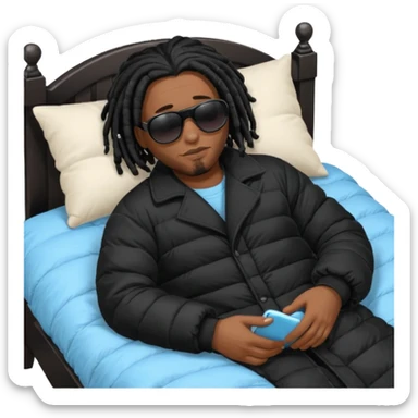 African American man with shoulder length black dreadlocks wearing black sunglasses with black bubble winter coat sleeping in bed sticker
