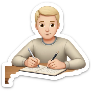 white man writing at a table sticker