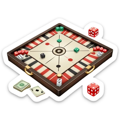 A photorealistic icon featuring a backgammon board with dice, a Monopoly board with money and property cards and a Game of Life spinner. The design captures the detailed textures of the boards, pieces, and accessories. Transparent background. sticker