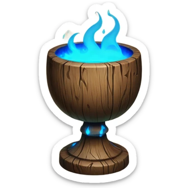 A magical goblet, large and imposing, made of aged wood with a smooth surface. It emits a bright blue glow, with magical flames dancing inside, symbolizing its power and mystery. sticker