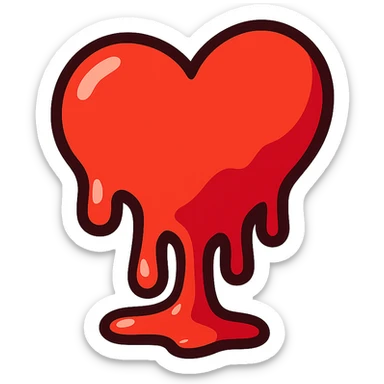 Make the heart faceless, skew the heart to the right, and give it a melting effect similar to the melting face emoji reference. Keep the style consistent with the original vibrant toon style, with no background. sticker