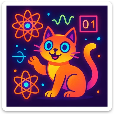 vibrant, playful quantum cat glowing, surrounded by quantum symbols sticker