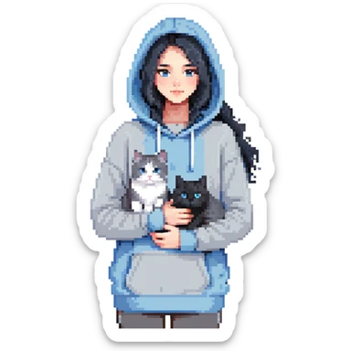 Girl with black hair in gray hoodie with a British shorthair blue and white cat and a long-haired blue and white cat sticker