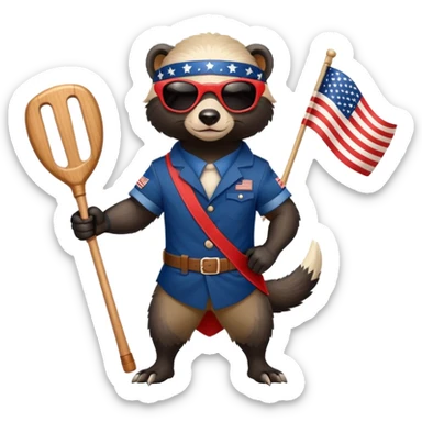 friendly anthropomorphised honey badger in USA Independence Day outfit, wearing sunglasses, holding a club, ready stance sticker