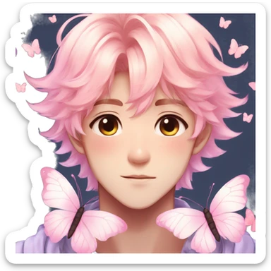Gorgeous colorful shiny pastel anime style shojo man with blushing face and butterflies aesthetic and pretty hair trending style sticker