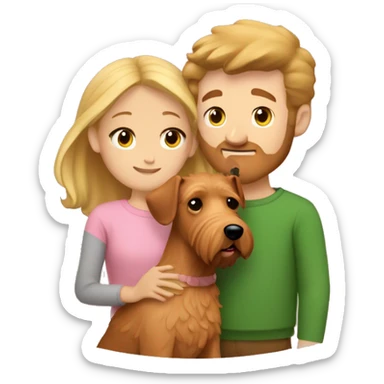 a girl with blond hair in a beige sweater and a guy with light brown hair in a pink t-shirt hug an Irish terrier sticker