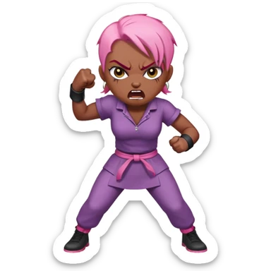 full body angry feminist with half bald head and half pink hair, extremely angry facial expression, fists clenched, aggressive stance sticker