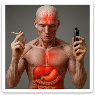 Medical illustration, hyperrealistic 4K, realistic anatomical human body, inflamed liver and intestine highlighted, holding a lit normal cigarette in the right hand and an electronic cigarette in the left hand, clear background, extremely detailed, same lighting and style as the reference image. sticker