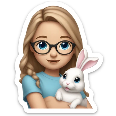 9 year old girl. Blue eyes. Light brown medium length hair. Fair skin. Blue eyes. Glasses. Freckles on nose. Light pink lips. Holding white bunny sticker