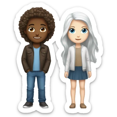 girl with long brown hair and light skin love in boy with blue eyes and white hair  sticker