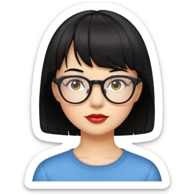 mujer de cabello corto negro y lentes, cabello con flequillo, emoji style sticker