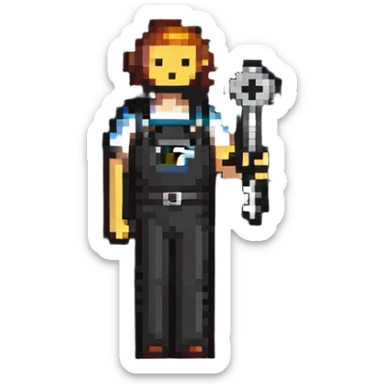 Technical pixel art badge with colorful stick figure holding car tool key sticker