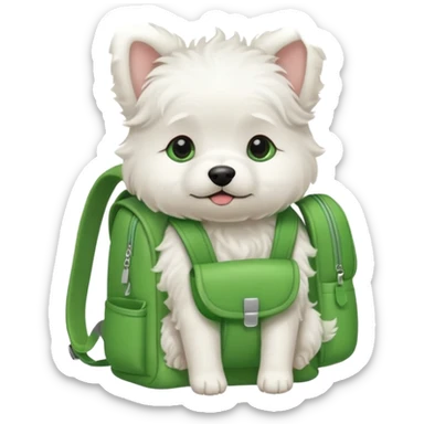 baby white dog wear green backpack sticker