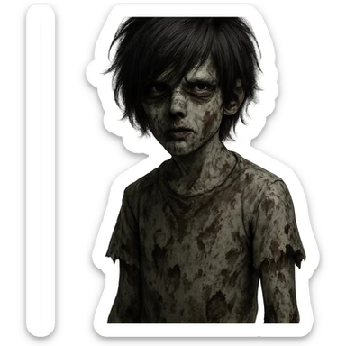 creepy boy zombie, black shaggy emo hair, medium long, dark and haunting expression sticker