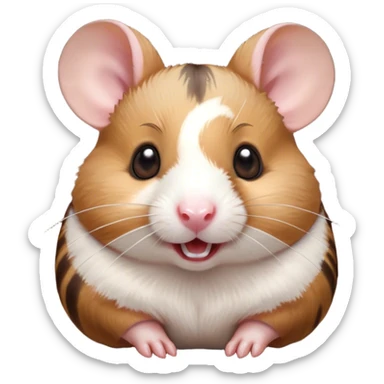 Cinematic Comical Brown and White Banded Hamster Portrait Emoji, Head tilted dramatically with an exaggeratedly amused expression, featuring a striking fur with bold brown and white banded patterns, wide, expressive dark eyes filled with playful disbelief, Simplified yet hilariously expressive features, highly detailed, glowing with a slightly sassy glow, high shine, dramatic yet playful, stylized with an air of cheeky mischief, bright and endearing, soft glowing outline, capturing the essence of a spirited and over-the-top hamster, so meme-worthy it feels like it could side-eye its way into internet fame instantly! sticker