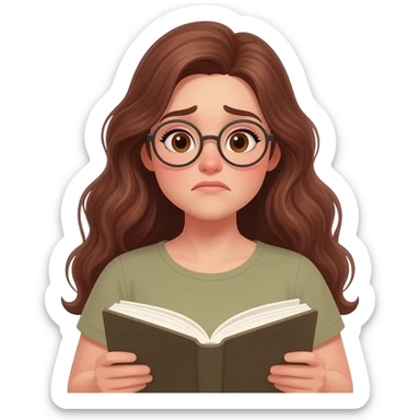 detailed emoji illustration of a curvy woman with long chestnut brown wavy hair, light brown eyes and round glasses reading a book with an emotional expression, touched by the story, emoji style sticker