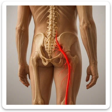 Hyperrealistic anatomical view of sciatica: human body seen from behind, visible spine, bones, and nerves, sciatic nerve highlighted in red starting from the lumbar area and descending along the left leg, clear anatomical details, neutral background, 4K quality. sticker