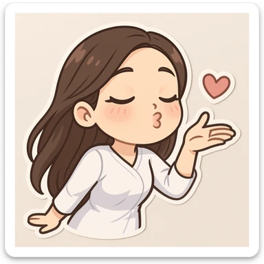 3D bitmoji chibi sticker of the girl from the reference, expressive face and eyes, long brown hair, reaching toward the viewer and kissing with closed eyes. sticker