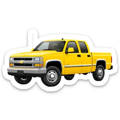 Simplified bright yellow 1997 Chevrolet C-2500 Crew Cab Silverado from Kill Bill, 30-degree angle, four-door pickup truck, minimal details, vibrant yellow color, iOS emoji style sticker