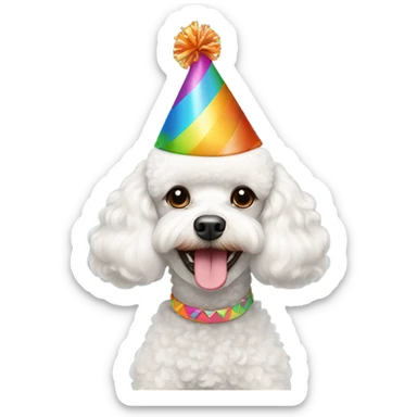 White male Toy poodle wearing birthday hat sticker