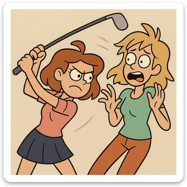 a girl swinging a golf club at another girl, energetic pose, comic style sticker