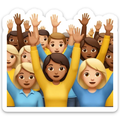A 3D cartoon crowd raising hands in a concert-like protest, yellow backlight, energetic mood, Memoji-style. sticker