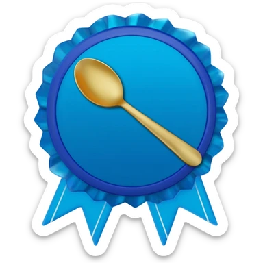 Blue verification badge with ribbons, gold spoon centered on badge sticker