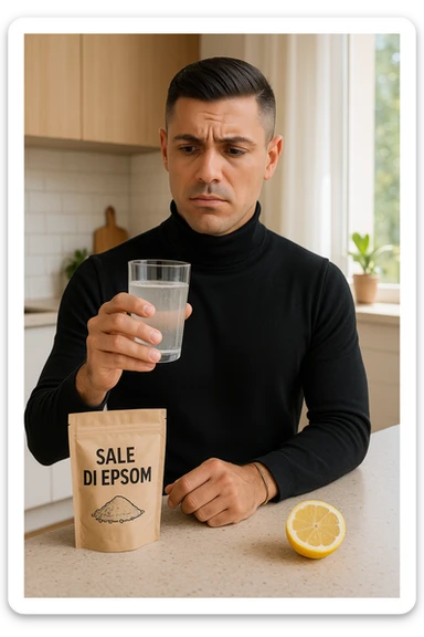 A realistic, bright photo-style image of a young man in his 30s standing in his kitchen, holding a clear glass filled with water in which Epsom salt (magnesium sulfate) has been dissolved. He looks focused but slightly uncertain as he prepares to drink it for a liver flush or digestive cleanse. The glass shows slight cloudiness from the dissolved salt. On the counter are a packet labeled 'Sale di Epsom' and a sliced lemon, suggesting he might use it to mask the taste. The setting is clean, natural, and bright with neutral tones. The background shows sunlight streaming through a window, emphasizing a clean, minimalist health-focused environment. The mood conveys a realistic, calm moment of self-care with a hint of discomfort, illustrating a natural detox practice in italiano sticker
