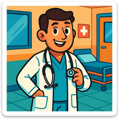doctor in modern medical uniform with stethoscope, cheerful expression, hospital setting, vibrant colors, cartoon style sticker
