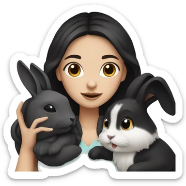 White girl with black hair holding a black rabbit  sticker