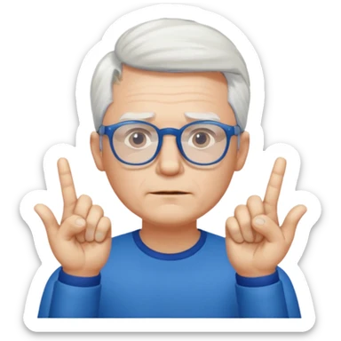 man wearing blue glasses, white hair, finger crossed sticker
