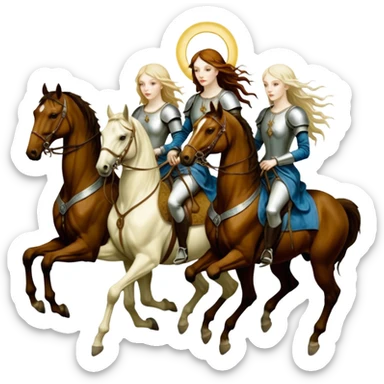 aesthetic brilliant radiant divine lighting, oil paint - ivory Four thin women as horsemen of the Apocalypse, after a graphic by Albrecht Dürer sticker